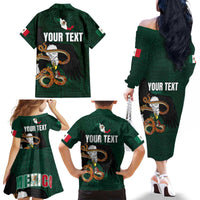 Personalized Mexican Culture Family Matching Off The Shoulder Long Sleeve Dress and Hawaiian Shirt Aztec Spirit Mexico with Eagle Emblem and Maya Ancient - Wonder Print Shop