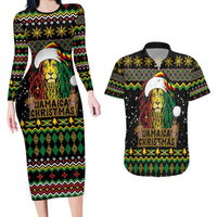 Jamaican Christmas Couples Matching Long Sleeve Bodycon Dress and Hawaiian Shirt - Rastafarian Lion with Xmas Elements Reggae Style - Wonder Print Shop