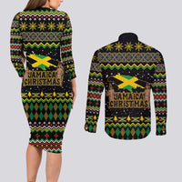 Jamaican Christmas Couples Matching Long Sleeve Bodycon Dress and Long Sleeve Button Shirt - Rastafarian Lion with Xmas Elements Reggae Style - Wonder Print Shop