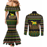 Jamaican Christmas Couples Matching Mermaid Dress and Long Sleeve Button Shirt - Rastafarian Lion with Xmas Elements Reggae Style