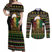 Jamaican Christmas Couples Matching Off Shoulder Maxi Dress and Long Sleeve Button Shirt - Rastafarian Lion with Xmas Elements Reggae Style - Wonder Print Shop