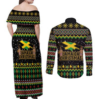 Jamaican Christmas Couples Matching Off Shoulder Maxi Dress and Long Sleeve Button Shirt - Rastafarian Lion with Xmas Elements Reggae Style - Wonder Print Shop