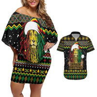 Jamaican Christmas Couples Matching Off Shoulder Short Dress and Hawaiian Shirt - Rastafarian Lion with Xmas Elements Reggae Style - Wonder Print Shop
