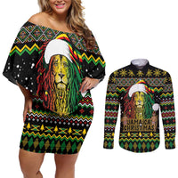 Jamaican Christmas Couples Matching Off Shoulder Short Dress and Long Sleeve Button Shirt - Rastafarian Lion with Xmas Elements Reggae Style - Wonder Print Shop