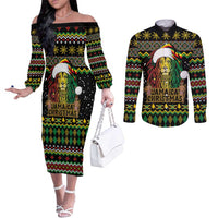 Jamaican Christmas Couples Matching Off The Shoulder Long Sleeve Dress and Long Sleeve Button Shirt - Rastafarian Lion with Xmas Elements Reggae Style
