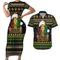 Jamaican Christmas Couples Matching Short Sleeve Bodycon Dress and Hawaiian Shirt - Rastafarian Lion with Xmas Elements Reggae Style - Wonder Print Shop
