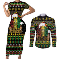 Jamaican Christmas Couples Matching Short Sleeve Bodycon Dress and Long Sleeve Button Shirt - Rastafarian Lion with Xmas Elements Reggae Style - Wonder Print Shop