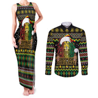Jamaican Christmas Couples Matching Tank Maxi Dress and Long Sleeve Button Shirt - Rastafarian Lion with Xmas Elements Reggae Style - Wonder Print Shop
