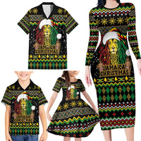 Jamaican Christmas Family Matching Long Sleeve Bodycon Dress and Hawaiian Shirt - Rastafarian Lion with Xmas Elements Reggae Style - Wonder Print Shop