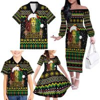 Jamaican Christmas Family Matching Off The Shoulder Long Sleeve Dress and Hawaiian Shirt - Rastafarian Lion with Xmas Elements Reggae Style - Wonder Print Shop