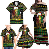Jamaican Christmas Family Matching Off Shoulder Maxi Dress and Hawaiian Shirt - Rastafarian Lion with Xmas Elements Reggae Style - Wonder Print Shop