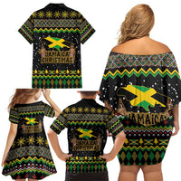 Jamaican Christmas Family Matching Off Shoulder Short Dress and Hawaiian Shirt - Rastafarian Lion with Xmas Elements Reggae Style - Wonder Print Shop