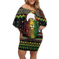 Jamaican Christmas Family Matching Off Shoulder Short Dress and Hawaiian Shirt - Rastafarian Lion with Xmas Elements Reggae Style - Wonder Print Shop