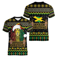 Jamaican Christmas Women V-Neck T-Shirt - Rastafarian Lion with Xmas Elements Reggae Style - Wonder Print Shop