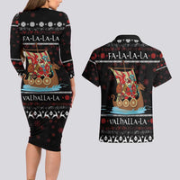Vikings Christmas Couples Matching Long Sleeve Bodycon Dress and Hawaiian Shirt Santa Warrior on The Viking Ship with Xmas and Snowflake Pattern - Wonder Print Shop