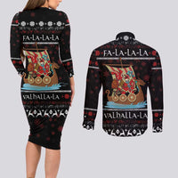 Vikings Christmas Couples Matching Long Sleeve Bodycon Dress and Long Sleeve Button Shirt Santa Warrior on The Viking Ship with Xmas and Snowflake Pattern - Wonder Print Shop