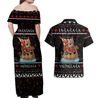 Vikings Christmas Couples Matching Off Shoulder Maxi Dress and Hawaiian Shirt Santa Warrior on The Viking Ship with Xmas and Snowflake Pattern - Wonder Print Shop