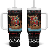 Vikings Christmas Tumbler With Handle Santa Warrior on The Viking Ship with Xmas and Snowflake Pattern - Wonder Print Shop