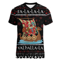Vikings Christmas Women V-Neck T-Shirt Santa Warrior on The Viking Ship with Xmas and Snowflake Pattern - Wonder Print Shop