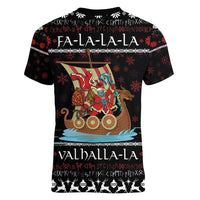 Vikings Christmas Women V-Neck T-Shirt Santa Warrior on The Viking Ship with Xmas and Snowflake Pattern - Wonder Print Shop