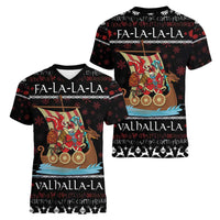 Vikings Christmas Women V-Neck T-Shirt Santa Warrior on The Viking Ship with Xmas and Snowflake Pattern - Wonder Print Shop