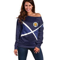 Custom Scotland Football Off Shoulder Sweater Tartan Patchwork Pattern Scottish Saltire Flag Style