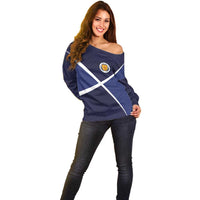 Custom Scotland Football Off Shoulder Sweater Tartan Patchwork Pattern Scottish Saltire Flag Style