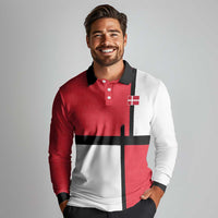 Custom Denmark Football Long Sleeve Polo Shirt White Grunge Line and Rune Inspired Sporty Style