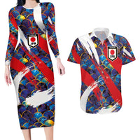 Custom Japan Football Couples Matching Long Sleeve Bodycon Dress and Hawaiian Shirt Seigaiha and Brush Style