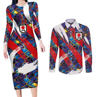 Custom Japan Football Couples Matching Long Sleeve Bodycon Dress and Long Sleeve Button Shirt Seigaiha and Brush Style