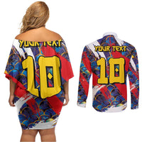 Custom Japan Football Couples Matching Off Shoulder Short Dress and Long Sleeve Button Shirt Seigaiha and Brush Style