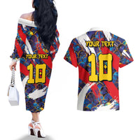 Custom Japan Football Couples Matching Off The Shoulder Long Sleeve Dress and Hawaiian Shirt Seigaiha and Brush Style