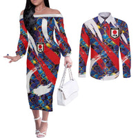 Custom Japan Football Couples Matching Off The Shoulder Long Sleeve Dress and Long Sleeve Button Shirt Seigaiha and Brush Style