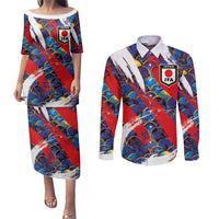 Custom Japan Football Couples Matching Puletasi and Long Sleeve Button Shirt Seigaiha and Brush Style