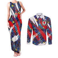 Custom Japan Football Couples Matching Tank Maxi Dress and Long Sleeve Button Shirt Seigaiha and Brush Style