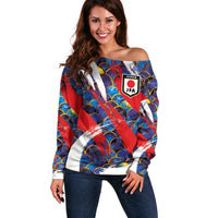 Custom Japan Football Off Shoulder Sweater Seigaiha and Brush Style