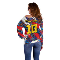 Custom Japan Football Off Shoulder Sweater Seigaiha and Brush Style