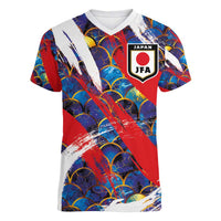 Custom Japan Football Women V-Neck T-Shirt Seigaiha and Brush Style