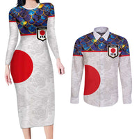 Custom Japan Football Couples Matching Long Sleeve Bodycon Dress and Long Sleeve Button Shirt Seigaiha and Sun
