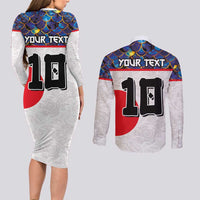 Custom Japan Football Couples Matching Long Sleeve Bodycon Dress and Long Sleeve Button Shirt Seigaiha and Sun