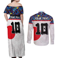 Custom Japan Football Couples Matching Off Shoulder Maxi Dress and Long Sleeve Button Shirt Seigaiha and Sun