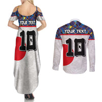 Custom Japan Football Couples Matching Summer Maxi Dress and Long Sleeve Button Shirt Seigaiha and Sun