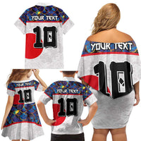 Custom Japan Football Family Matching Off Shoulder Short Dress and Hawaiian Shirt Seigaiha and Sun