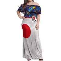 Custom Japan Football Off Shoulder Maxi Dress Seigaiha and Sun