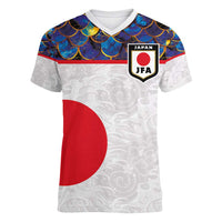 Custom Japan Football Women V-Neck T-Shirt Seigaiha and Sun