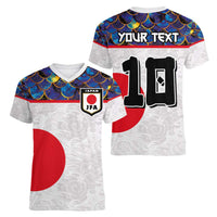Custom Japan Football Women V-Neck T-Shirt Seigaiha and Sun