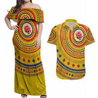 Custom Colombia Football Couples Matching Off Shoulder Maxi Dress and Hawaiian Shirt Sporty Vueltiao Hat