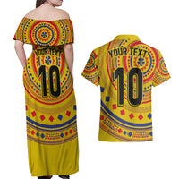Custom Colombia Football Couples Matching Off Shoulder Maxi Dress and Hawaiian Shirt Sporty Vueltiao Hat