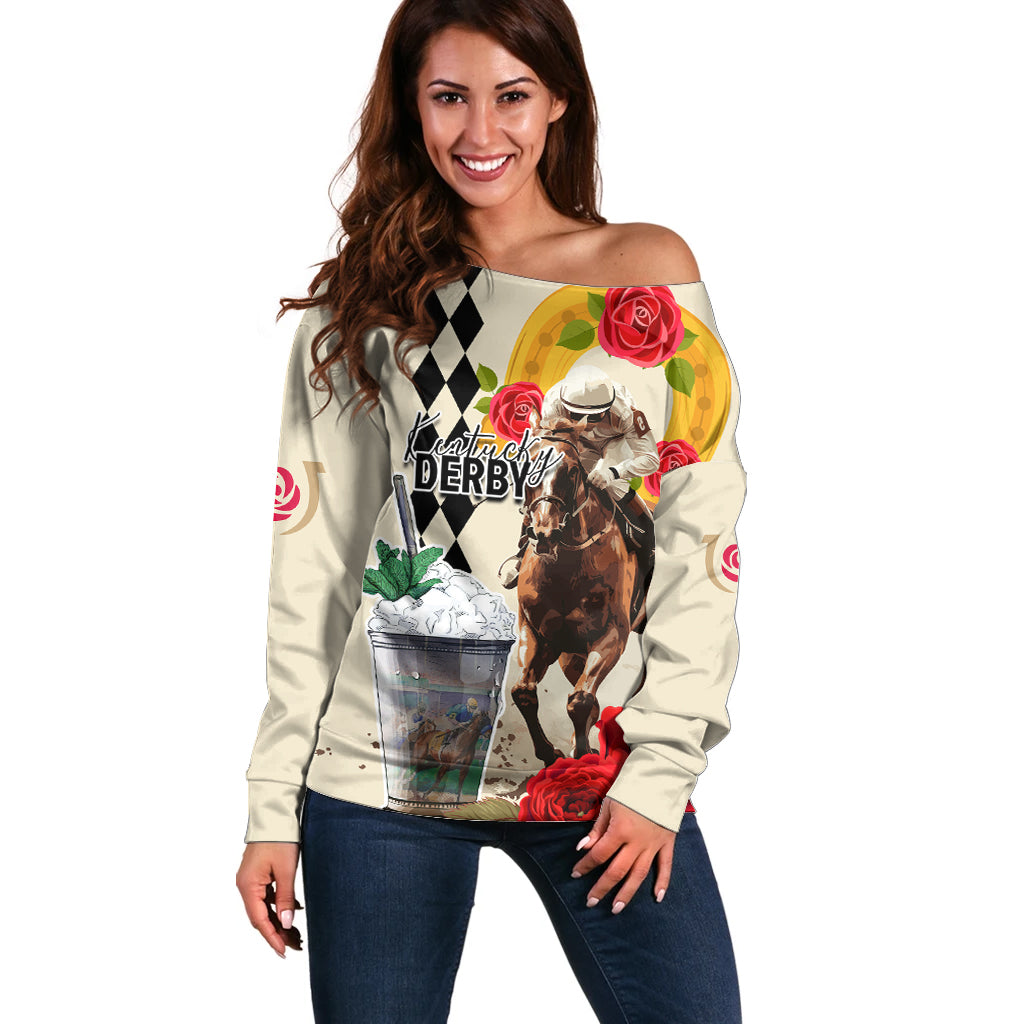 Kentucky Horse Racing 150th Anniversary Off Shoulder Sweater Mint Julep and Horseshoe Roses