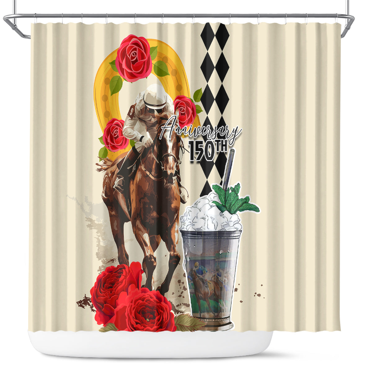 Kentucky Horse Racing 150th Anniversary Shower Curtain Mint Julep and Horseshoe Roses